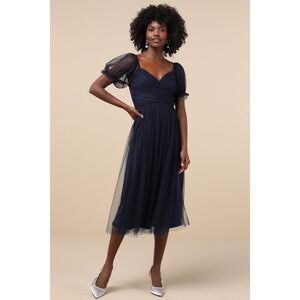 Lulus Glorious Chicness Navy Tulle Pleated Puff Sleeve Midi Dress Medium New